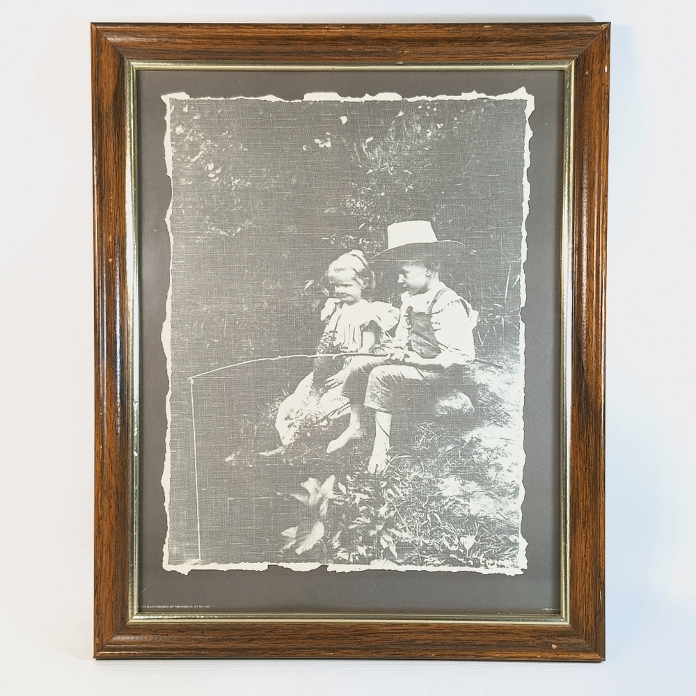 Vintage Sepia Tone Boy & Girl Fishing Woven Photograph Wood Frame Print